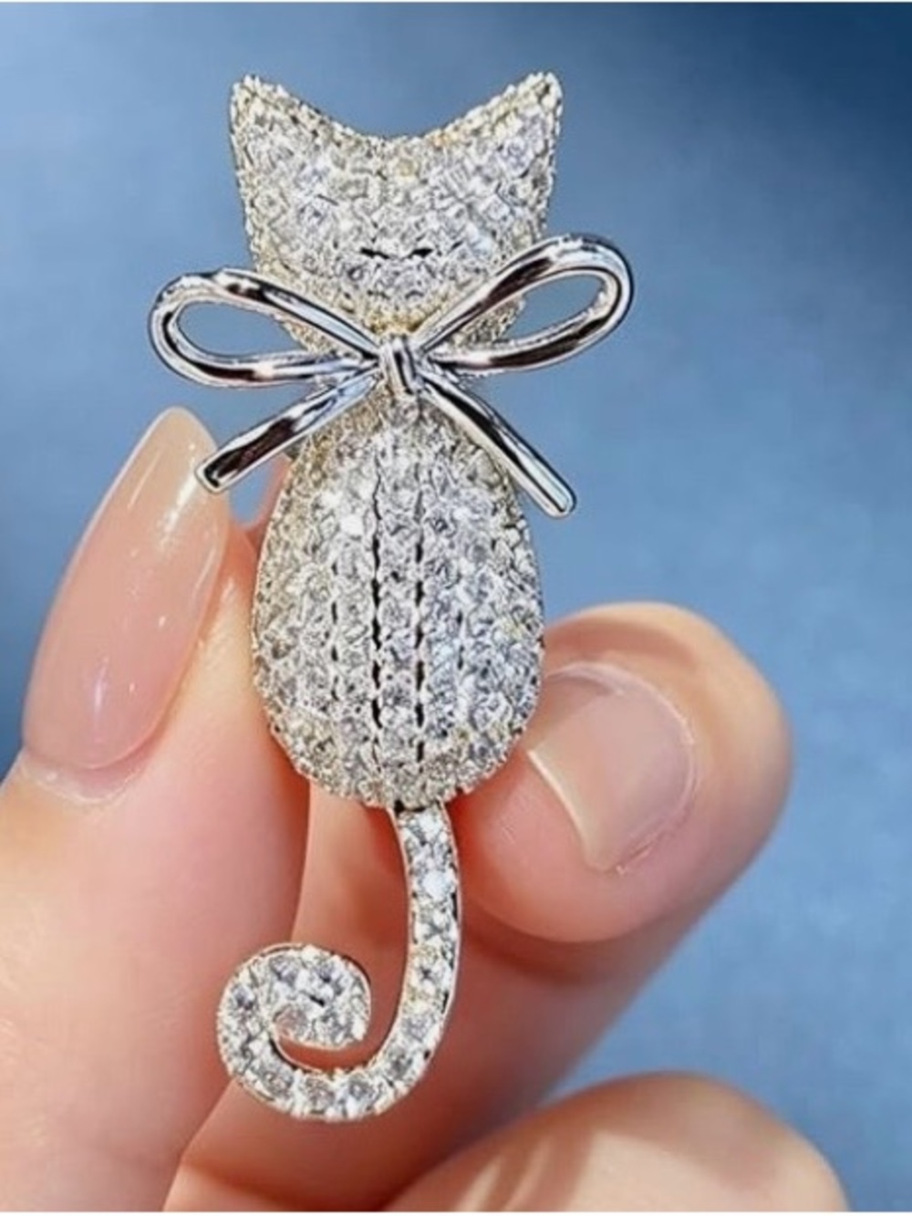 Silver Crystal Cat Brooch with Bow - Elegant Cat Pin